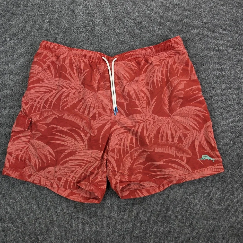 Tommy‎ Bahama Swim Trunks Mens 2XL Red Palm Print Quick Dry Boardshorts Beach